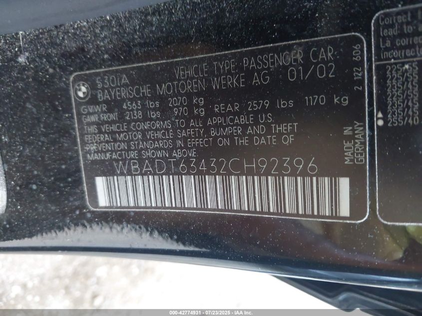 2002 BMW 530Ia VIN: WBADT63432CH92396 Lot: 42774931