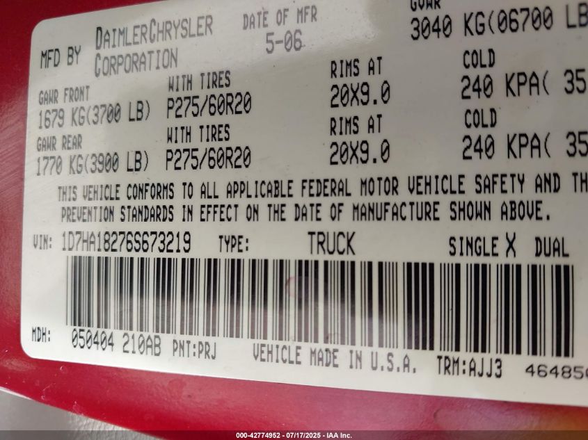 2006 Dodge Ram 1500 Slt VIN: 1D7HA18276S673219 Lot: 42774952