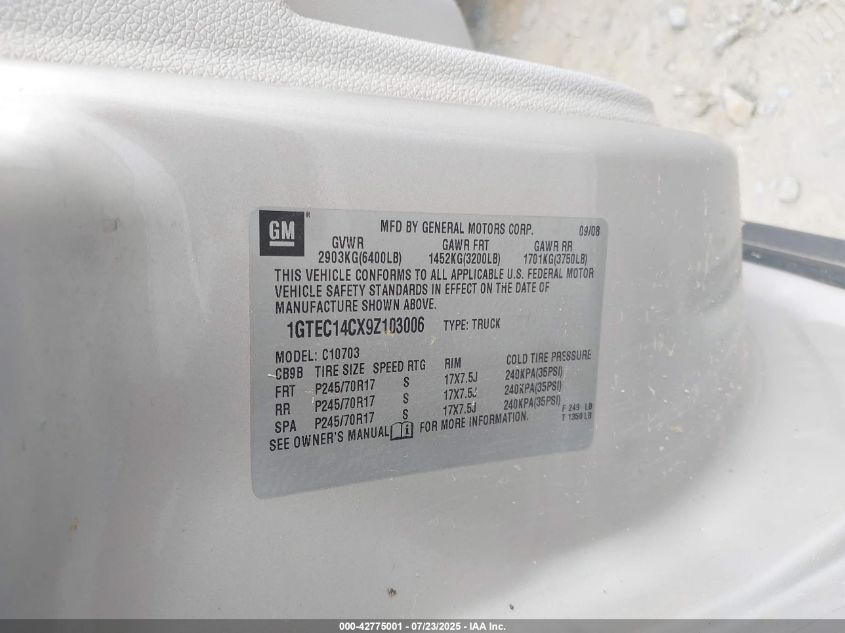 2009 GMC Sierra 1500 Work Truck VIN: 1GTEC14CX9Z103006 Lot: 42775001