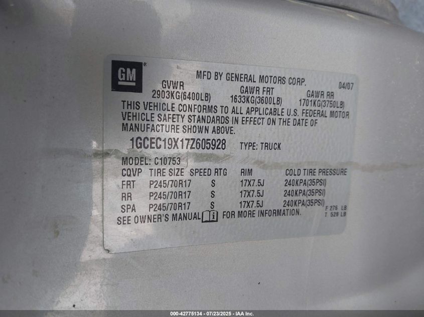 2007 Chevrolet Silverado 1500 Work Truck VIN: 1GCEC19X17Z605928 Lot: 42775134