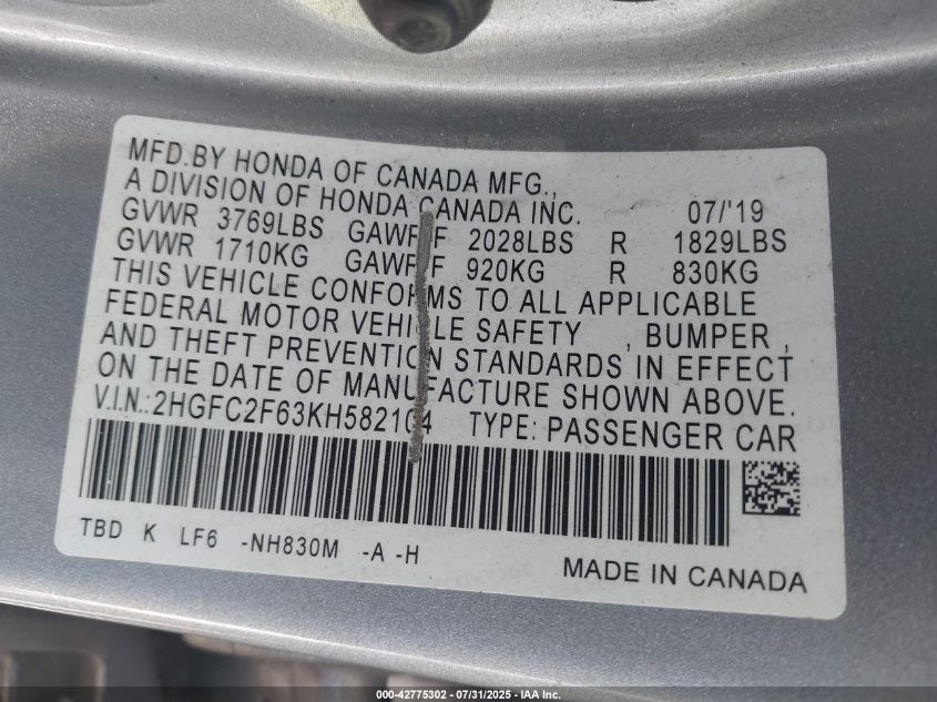 2019 Honda Civic Lx VIN: 2HGFC2F63KH582104 Lot: 42775302
