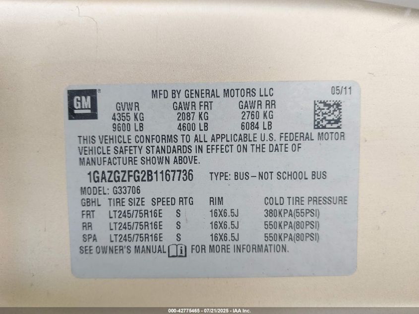 2011 Chevrolet Express 3500 Ls VIN: 1GAZGZFG2B1167736 Lot: 42775465