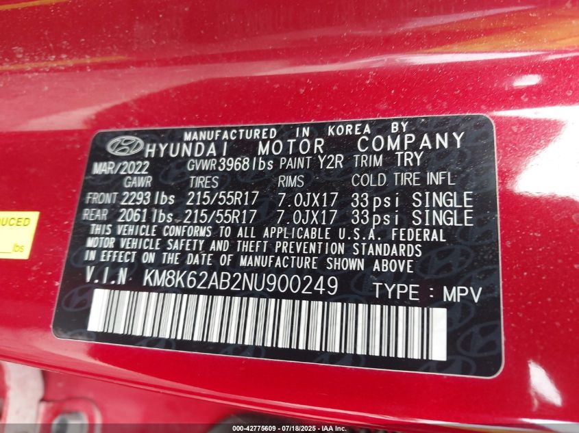 2022 Hyundai Kona Sel VIN: KM8K62AB2NU900249 Lot: 42775609