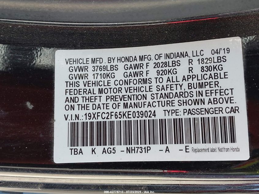 2019 Honda Civic Lx VIN: 19XFC2F65KE039024 Lot: 42775713