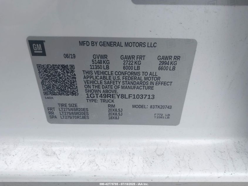 2020 GMC Sierra 2500Hd 4Wd Standard Bed Denali VIN: 1GT49REY8LF103713 Lot: 42775785