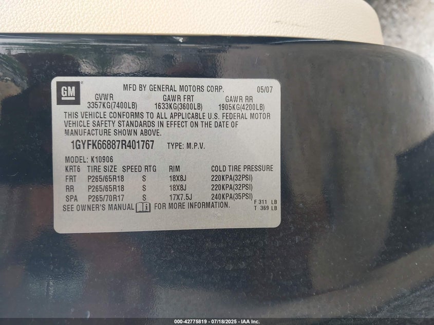 2007 Cadillac Escalade Esv Standard VIN: 1GYFK66887R401767 Lot: 42775819