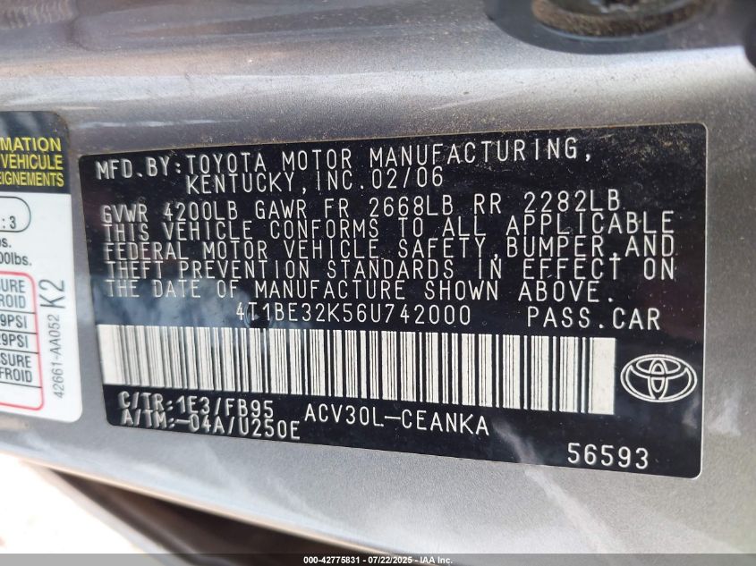 2006 Toyota Camry Le VIN: 4T1BE32K56U742000 Lot: 42775831
