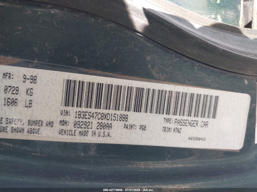 1999 Dodge Neon Highline VIN: 1B3ES47C8XD151888 Lot: 42775956