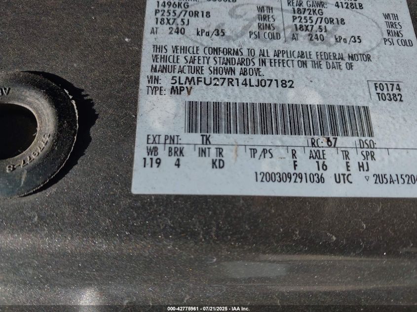 2004 Lincoln Navigator VIN: 5LMFU27R14LJ07182 Lot: 42775961