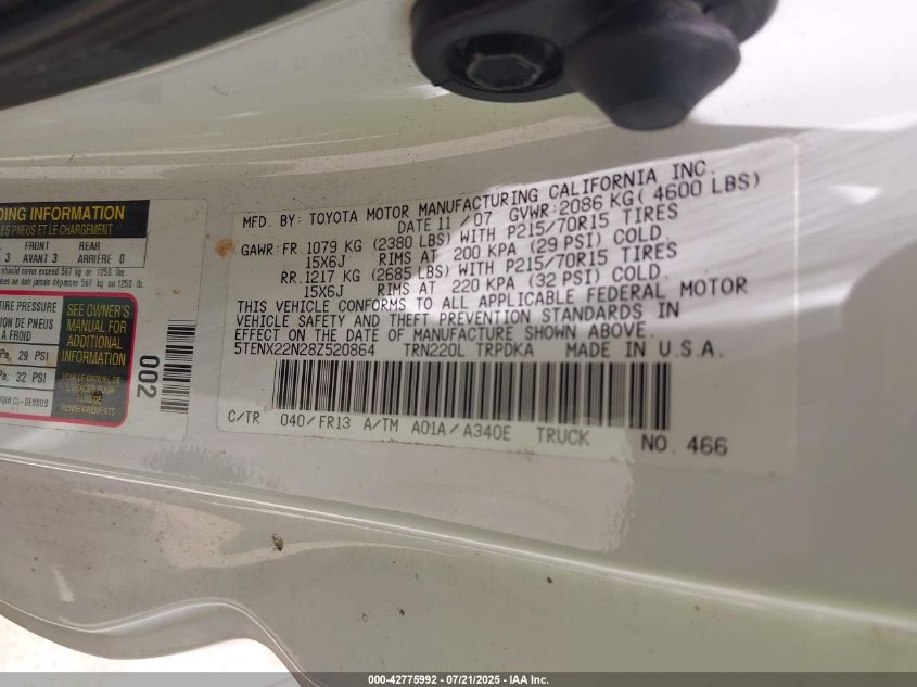 2008 Toyota Tacoma VIN: 5TENX22N28Z520864 Lot: 42775992