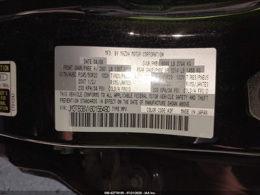 2008 Mazda Cx-9 Grand Touring VIN: JM3TB38VX8015549 Lot: 42776155