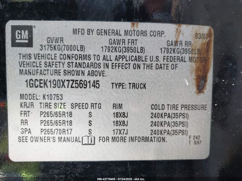 2007 Chevrolet Silverado 1500 Lt1 VIN: 1GCEK190X7Z569145 Lot: 42776405