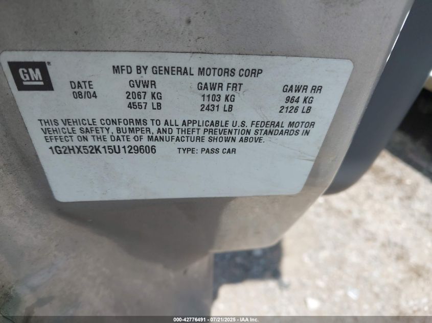 2005 Pontiac Bonneville Se VIN: 1G2HX52K15U129606 Lot: 42776491