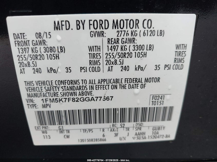 2016 FORD EXPLORER LIMITED 1FM5K7F82GGA77567