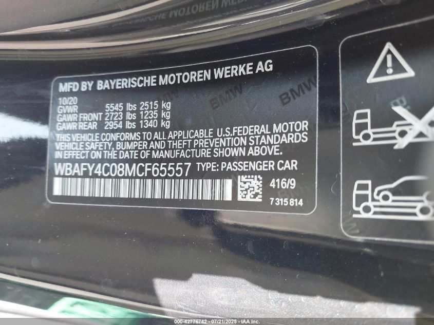 2021 BMW M850I xDrive VIN: WBAFY4C08MLF65557 Lot: 42776742