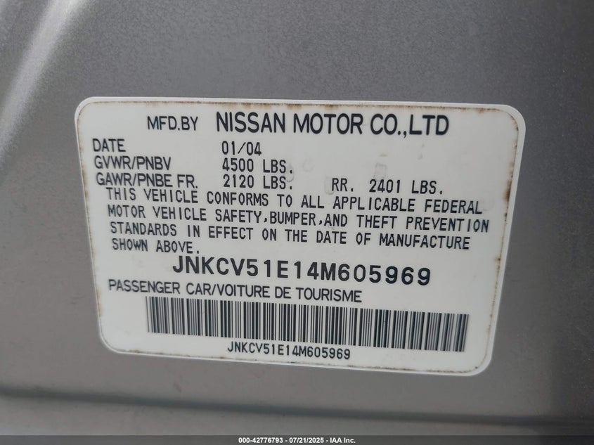 2004 Infiniti G35 VIN: JNKCV51E14M605969 Lot: 42776793