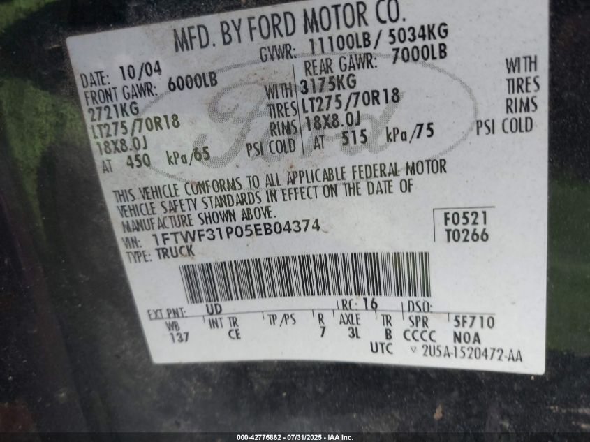 2005 Ford F-350 Xl/Xlt VIN: 1FTWF31P05EB04374 Lot: 42776862