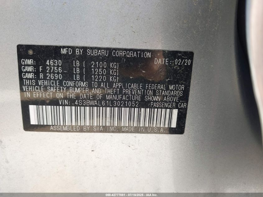 2020 Subaru Legacy Limited VIN: 4S3BWAL61L3021052 Lot: 42777081