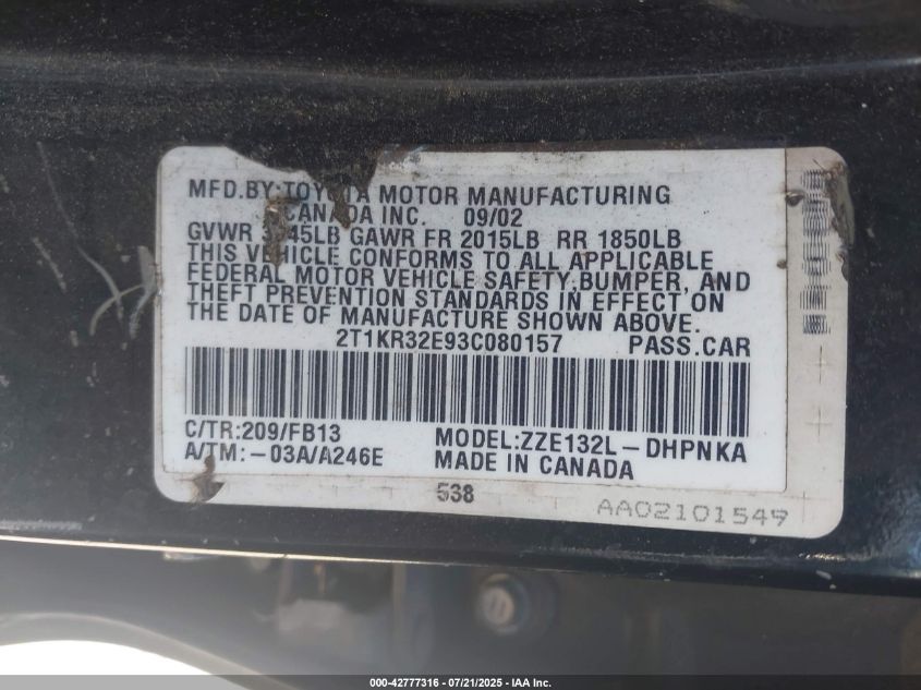 2003 Toyota Matrix Xr VIN: 2T1KR32E93C080157 Lot: 42777316