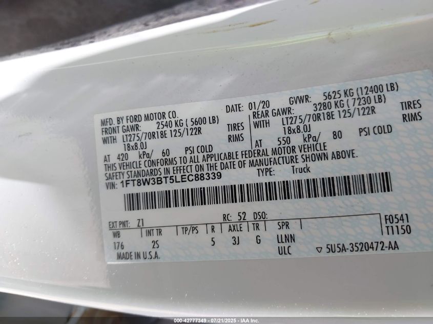 2020 Ford F-350 Xlt VIN: 1FT8W3BT5LEC88339 Lot: 42777349