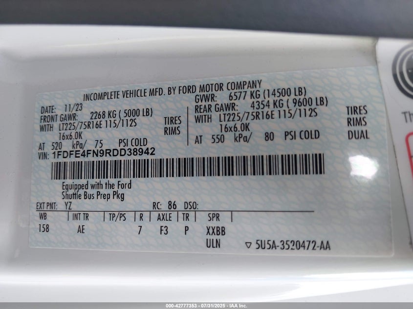2024 Ford E-450 Cutaway VIN: 1FDFE4FN9RDD38942 Lot: 42777353