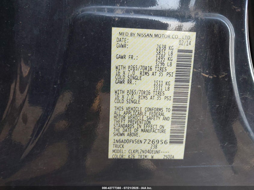 2014 NISSAN FRONTIER SV/SL - 1N6AD0FV5EN726956