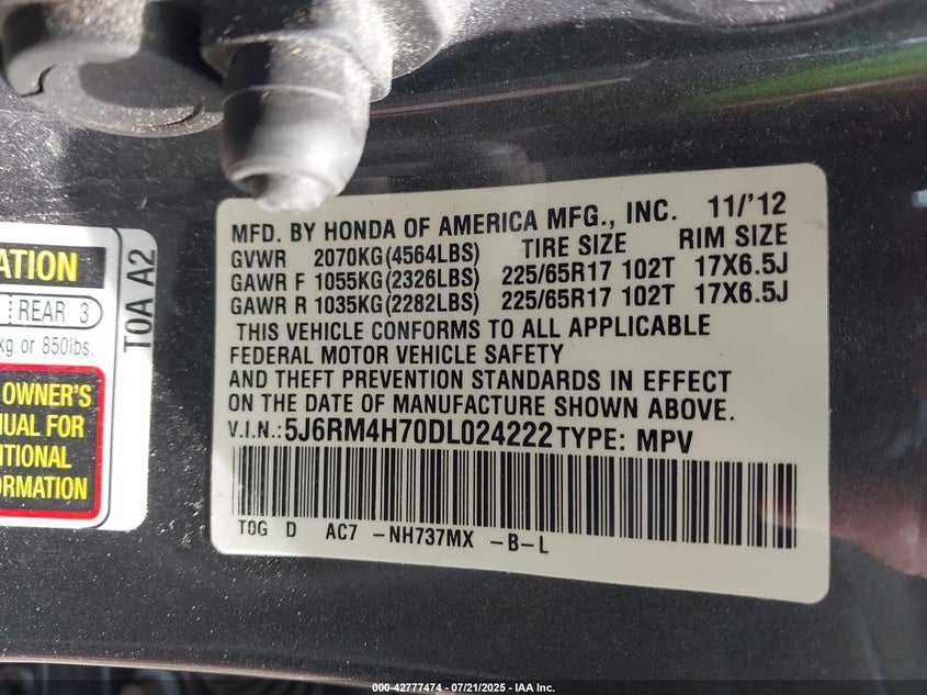 2013 HONDA CR-V EXL - 5J6RM4H70DL024222