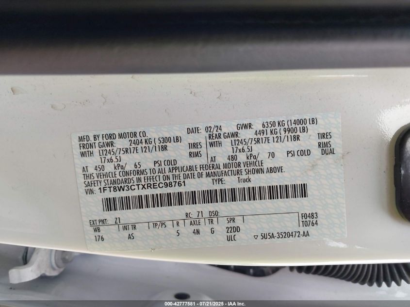 2024 Ford F-350 Xl VIN: 1FT8W3CTXREC98761 Lot: 42777581