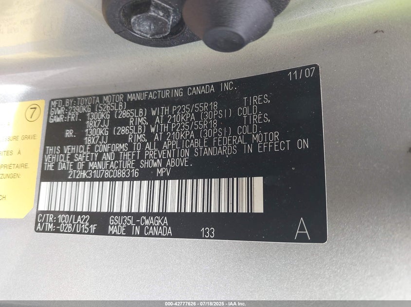 2008 Lexus Rx 350 VIN: 2T2HK31U78C088316 Lot: 42777626