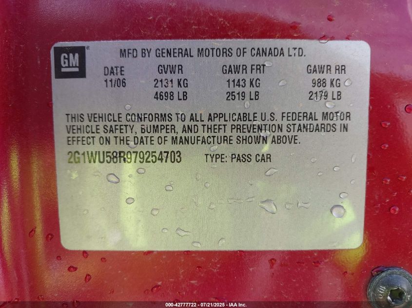 2007 Chevrolet Impala Ltz VIN: 2G1WU58R979254703 Lot: 42777722