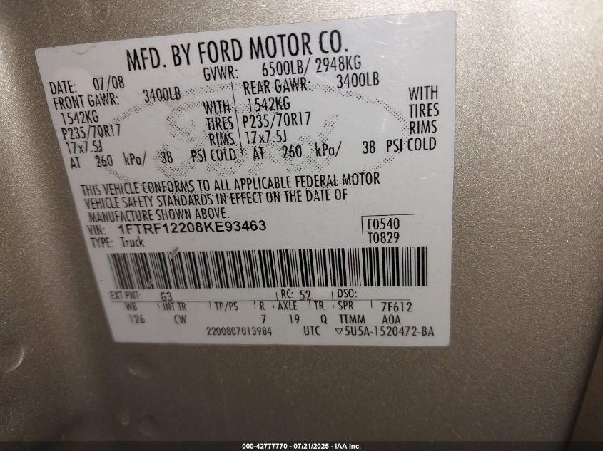 2008 Ford F-150 Stx/Xl/Xlt VIN: 1FTRF12208KE93463 Lot: 42777770