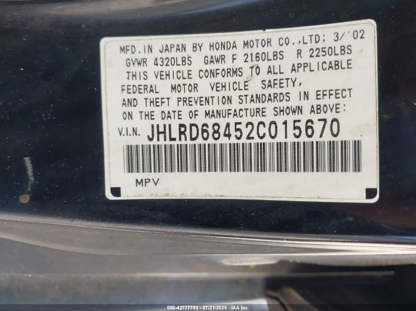 2002 Honda Cr-V VIN: JHLRV68452C015670 Lot: 42777793