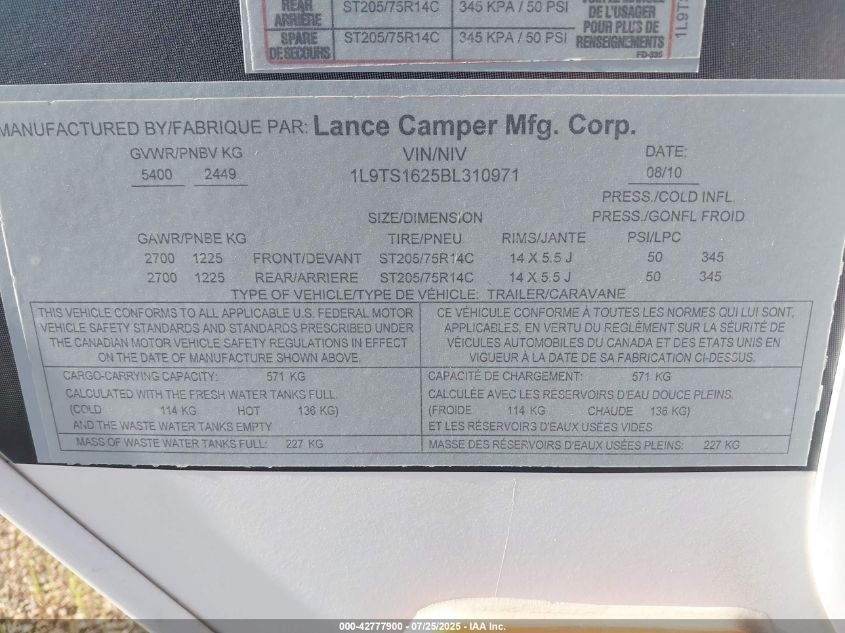 2011 Lance 1685 VIN: 1L9TS12625BL31097 Lot: 42777900