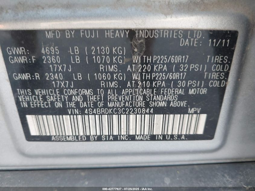 2012 Subaru Outback 3.6R Limited VIN: 4S4BRDKC3C2230844 Lot: 42777927