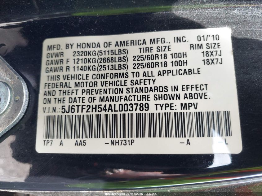 2010 Honda Accord Crosstour Ex-L VIN: 5J6TF2H54AL003789 Lot: 42777954