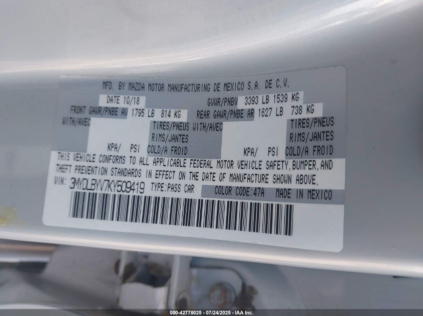 2019 Toyota Yaris Le VIN: 3MYDLBYV7KY509419 Lot: 42778025