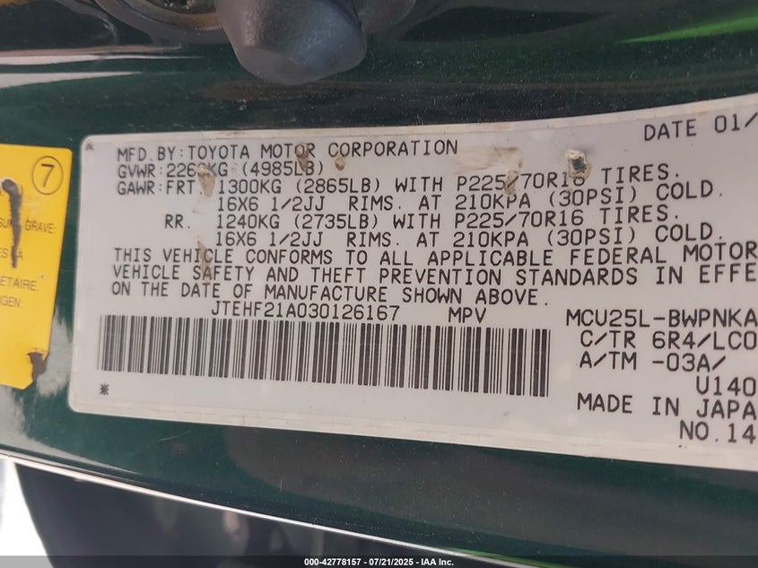 2003 Toyota Highlander Limited V6 VIN: JTEHF21A030126167 Lot: 42778157