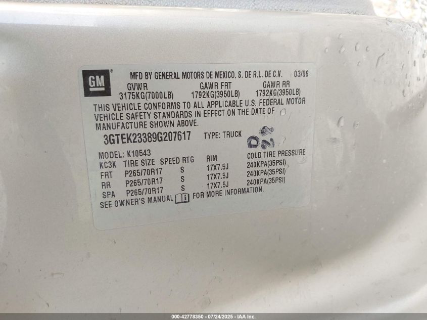 2009 GMC Sierra 1500 Sle VIN: 3GTEK23389G207617 Lot: 42778350