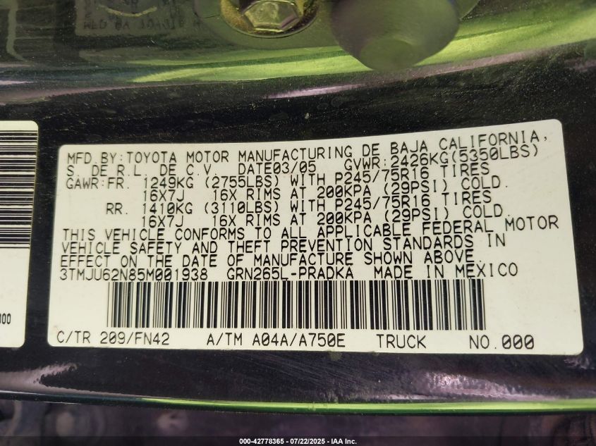 2005 Toyota Tacoma Prerunner V6 VIN: 3TMJU62N85M001938 Lot: 42778365