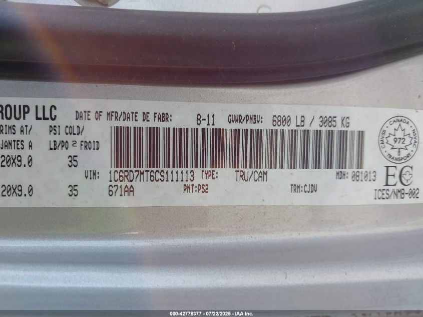 2012 Ram 1500 Sport VIN: 1C6RD7MT6CS111113 Lot: 42778377