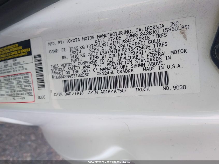 2005 Toyota Tacoma Base V6 VIN: 5TEUU42N45Z130280 Lot: 42778378