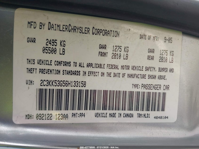 2006 Chrysler 300 Touring VIN: 2C3KK53G56H133158 Lot: 42778508