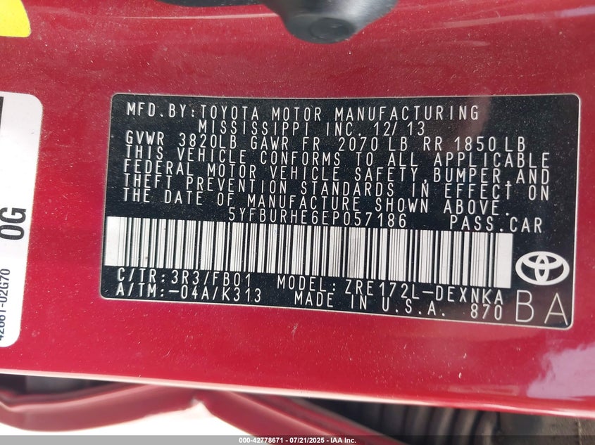 2014 Toyota Corolla Le VIN: 5YFBURHE6EP057186 Lot: 42778671