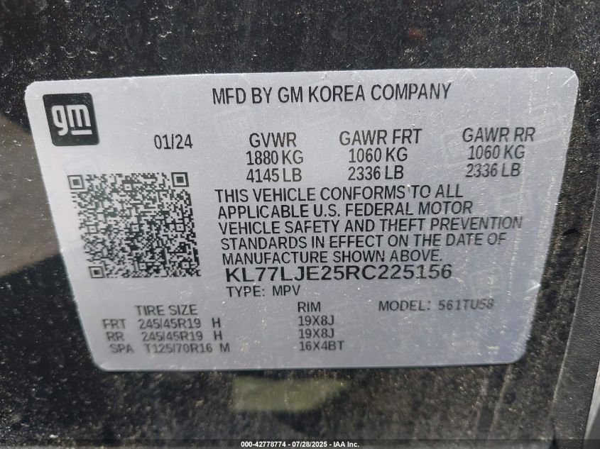 2024 Chevrolet Trax Fwd 2Rs VIN: KL77LJE25RC225156 Lot: 42778774