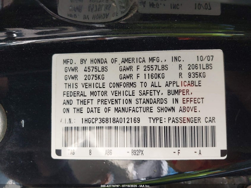 2008 Honda Accord 3.5 Ex-L VIN: 1HGCP36818A012169 Lot: 42778797