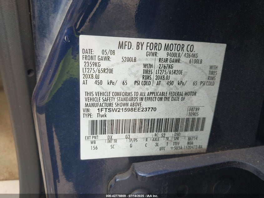 1FTSW21598EE23770 2008 FORD F250 photo no. 9