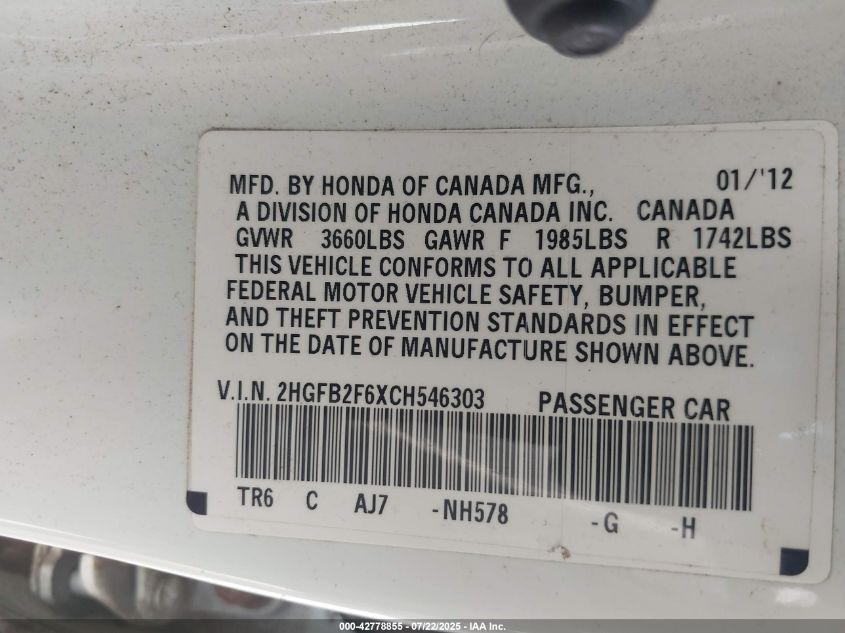 2012 Honda Civic Hf VIN: 2HGFB2F6XCH546303 Lot: 42778855