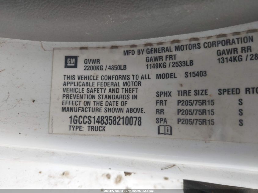 2005 Chevrolet Colorado Fleet VIN: 1GCCS148358210078 Lot: 42778883