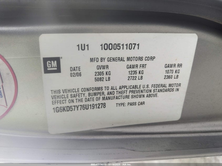 2006 Cadillac Dts Standard VIN: 1G6KD57Y76U191278 Lot: 42779213