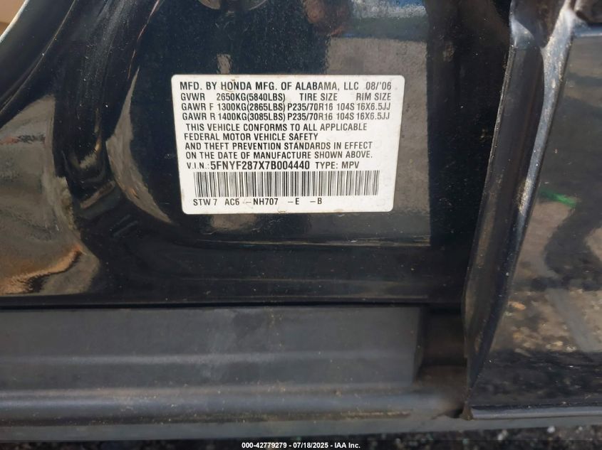 2007 Honda Pilot Ex-L VIN: 5FNYF287X7B004440 Lot: 42779279
